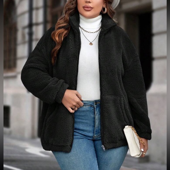 Plus size cost zip up teddy jacket - Picture 1 of 16